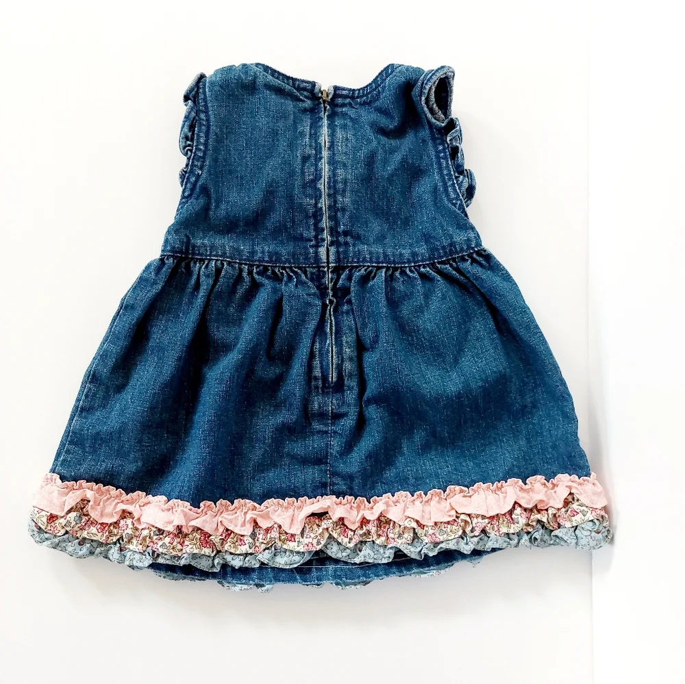 Y2k '02 Snow Angels Denim Jumper Dress Calico Ruffle 6-12m‎ Vintage Gymboree